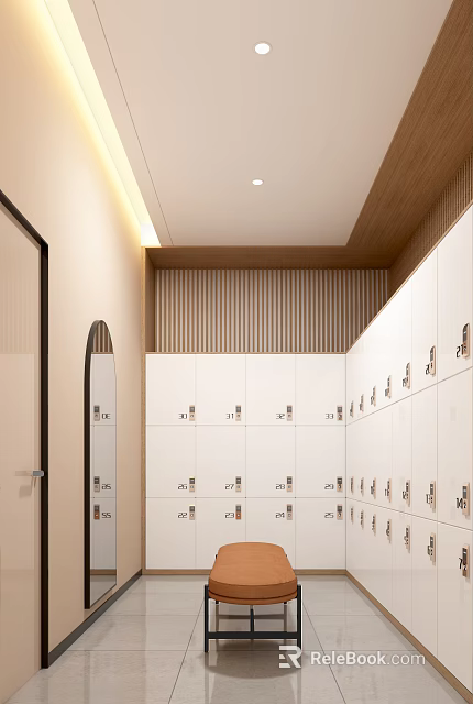 White Lockers Arrangement In Modern Storage Area With Wooden Wall Panels And Mirror 3d model 