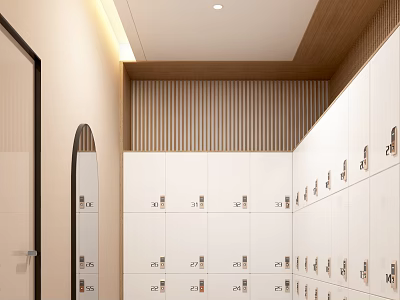 White Lockers Arrangement In Modern Storage Area With Wooden Wall Panels And Mirror 3d model