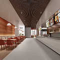 Modern Restaurant Interior With Orange Chairs Wooden Tables Wooden Ceiling And Large Windows