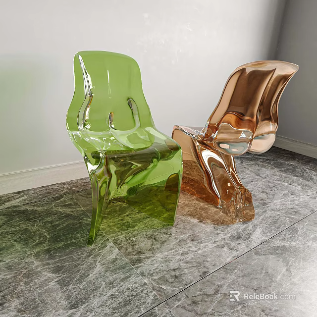 Two Modern Acrylic Leisure Chairs Green And Copper Glossy Sleek Design On Gray Marble Floor 3d model 