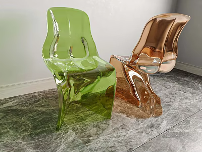 Two Modern Acrylic Leisure Chairs Green And Copper Glossy Sleek Design On Gray Marble Floor 3d model