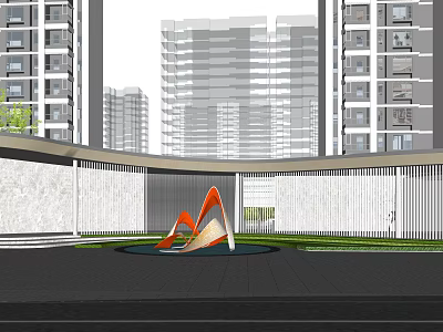 Modern Entrance Gate With Orange Sculpture Black Pavement And Lawn Among High Rise Buildings 3d model