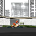 Modern Entrance Gate With Orange Sculpture Black Pavement And Lawn Among High Rise Buildings