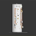 Cylindrical Industrial Equipment With White Body Base And Orange Yellow Pipes Valves Connections