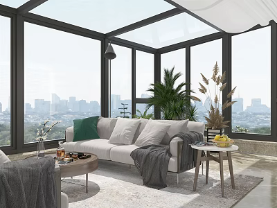 Modern Villa Balcony Design With Panoramic City View Cozy Sofa And Green Plants 3d model