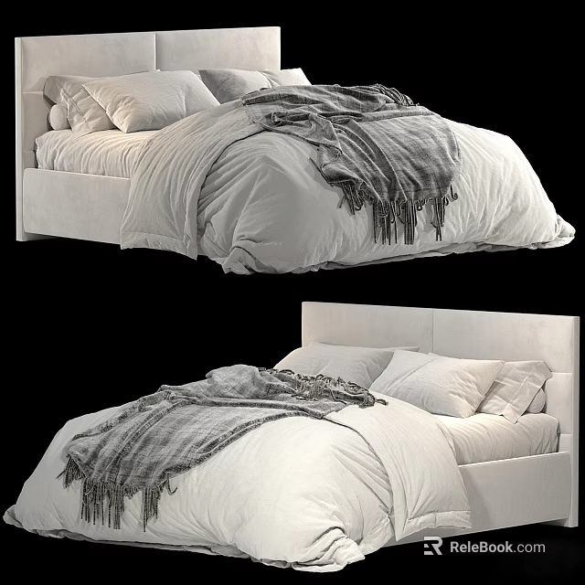 Cozy Modern Double Bed With Upholstered Headboard White Linens Pillows And Gray Blanket 3d model 