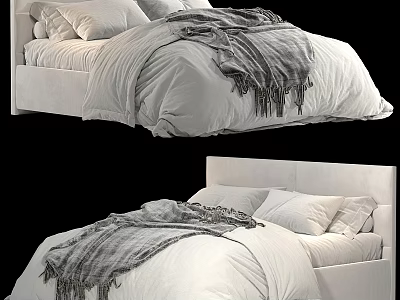Cozy Modern Double Bed With Upholstered Headboard White Linens Pillows And Gray Blanket 3d model