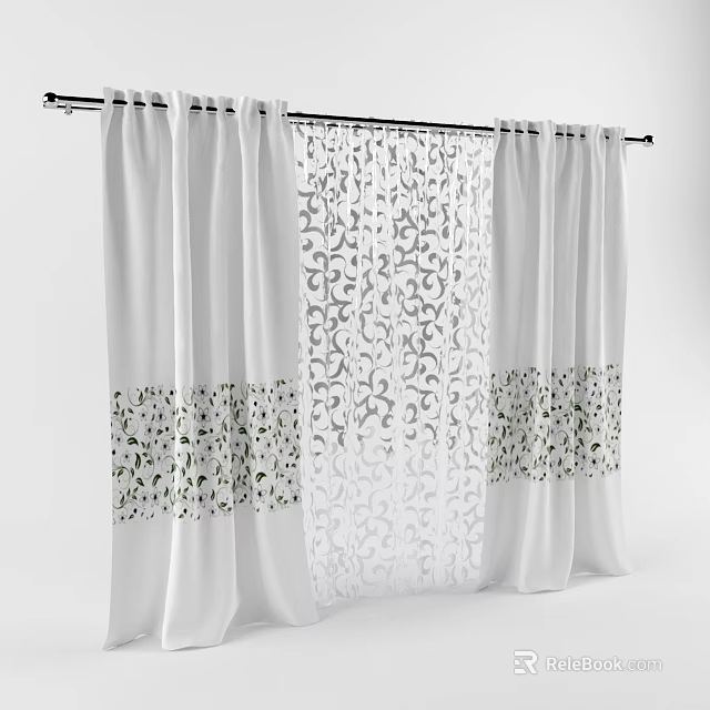 White Curtain With Intricate Pattern And Sheer Layer For Home Interior Design 3d model 