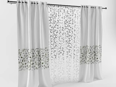 White Curtain With Intricate Pattern And Sheer Layer For Home Interior Design 3d model