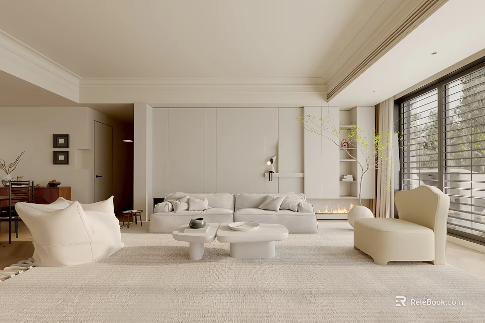 Modern Neutral Living Room Interior With Sofa Armchair Two White Coffee Tables And Large Windows 3d model 