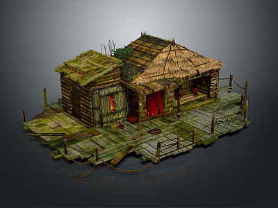 Rustic Wooden Cabin With Thatched Roof Wooden Platform Railing And Red Door 3d model