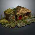 Rustic Wooden Cabin With Thatched Roof Wooden Platform Railing And Red Door