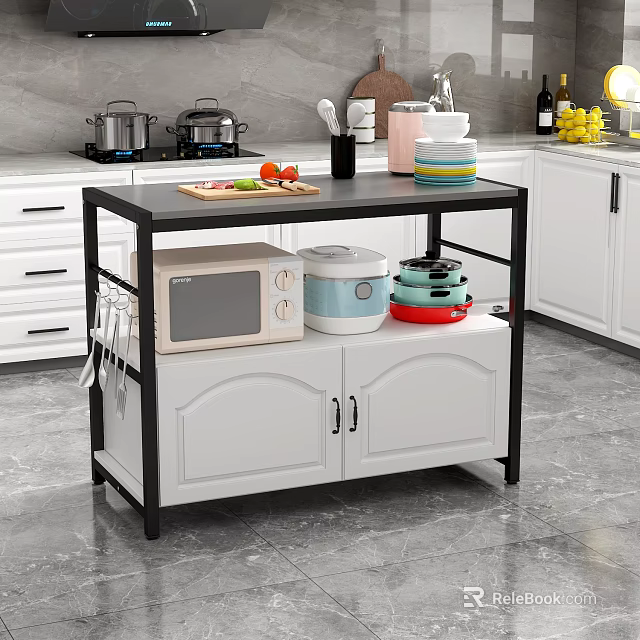 White Kitchen Cabinet With Black Frame Microwave Cookware And Cutting Board 3d model