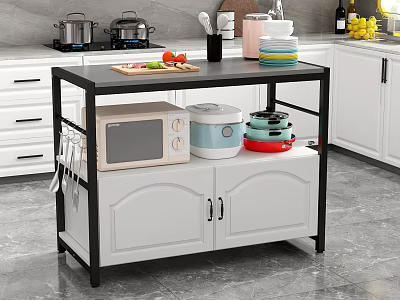White Kitchen Cabinet With Black Frame Microwave Cookware And Cutting Board 3d model