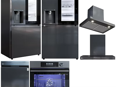 Modern Black Kitchen Appliances With Refrigerators Range Hoods Oven And Dishwasher For Home Kitchen 3d model