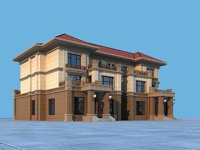 Elegant Detached Villa With Red Roof Beige Brown Exterior Porch And Large Windows 3d model