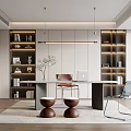 Study Desk and Chair Combination Bookcase Green Plant Hanging Painting Stool Computer Decoration End View Desk 3d model