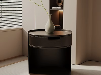 Black Round Bedside Table with Drawer White Vase Green Plant and Window Blinds 3d model
