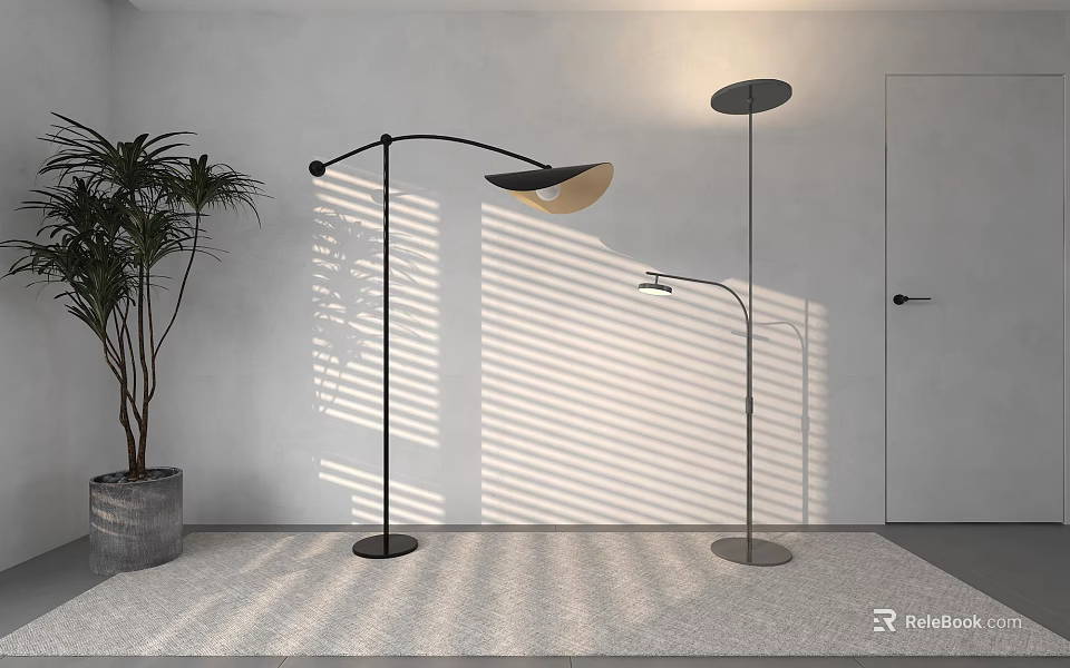 Modern Floor Lamp With Minimalist Design Light Shadow And Plant On White Indoor Wall 3d model 