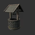 Rustic Garden Ornament Well Structure With Wooden Roof Stone Base And Hanging Bucket Chain
