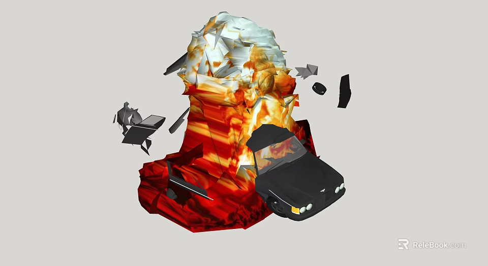 Cartoon Scene With Mountain Like Structure Orange Red White Layers And Black Car Debris 3d model 
