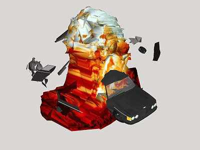 Cartoon Scene With Mountain Like Structure Orange Red White Layers And Black Car Debris 3d model