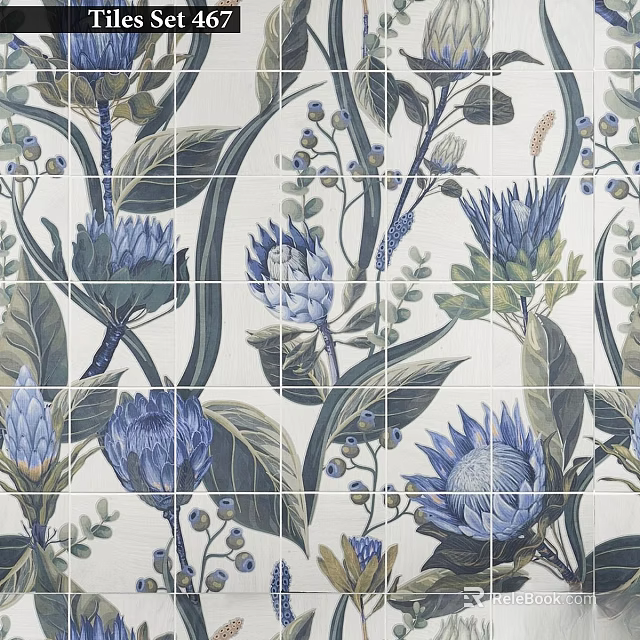 Floral Patterned Wall Tiles With Blue Protea And Green Leaves Design 3d model 