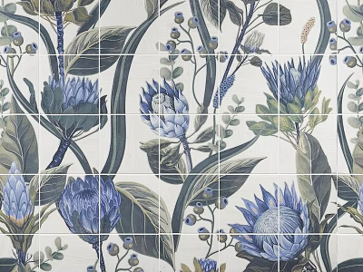 Floral Patterned Wall Tiles With Blue Protea And Green Leaves Design 3d model