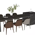 Modern Dining Table Set with Chairs Black Marble Countertop Green Plant and Book