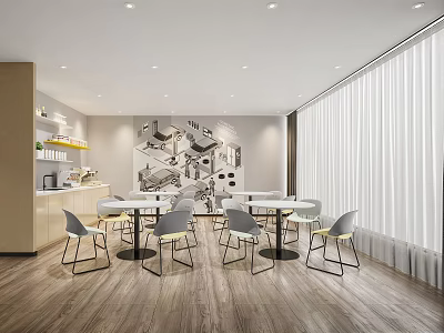 Modern Open Break Room With Tables Chairs Decorative Wall Large Windows And Wooden Floors 3d model