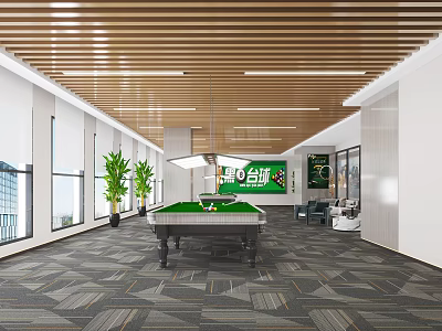 Modern Billiard Room Interior With Green Pool Table And Wooden Ceiling 3d model