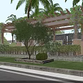 Wooden Pergola Covered with Vines Palm Trees and Bushes in Outdoor Garden Against Brick Wall