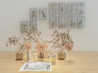 Decorative Ornament Set With Glass Frames Dried Flowers Vases And Tabletop Decor 3d model
