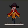 Cartoon Woman In Purple Witch Hat Red Hair Orange Coat On Wooden Platform With Candles