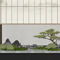 Indoor Landscape With Wooden Lattice Screen Bonsai Pine Tree Moss And Illuminated Stones