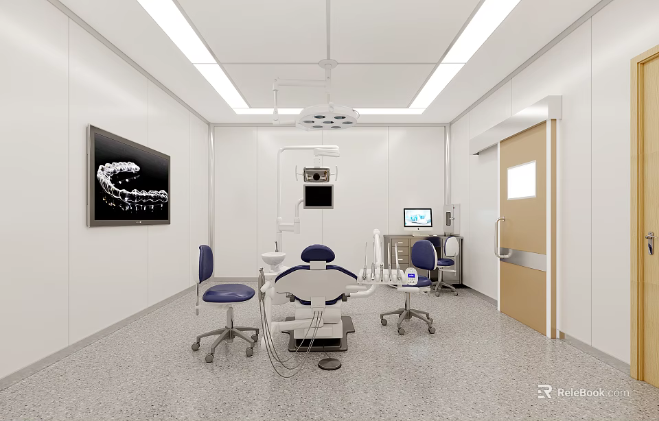 Modern Dental Clinic Interior With Treatment Chair Blue Seats Surgical Lights And Monitor 3d model 