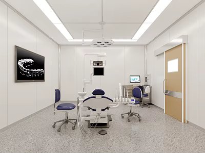 Modern Dental Clinic Interior With Treatment Chair Blue Seats Surgical Lights And Monitor 3d model
