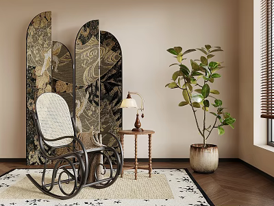 Cozy Living Room Interior With Wicker Rocking Chair Decorative Patterned Screen And Potted Plant 3d model