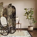 Cozy Living Room Interior With Wicker Rocking Chair Decorative Patterned Screen And Potted Plant