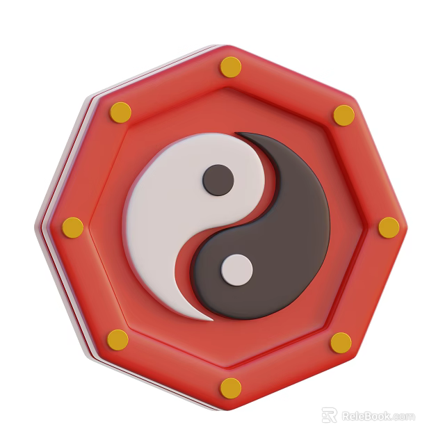 Red Octagonal Decorative Ornament Set With Yin Yang Symbol And Yellow Dots 3d model 