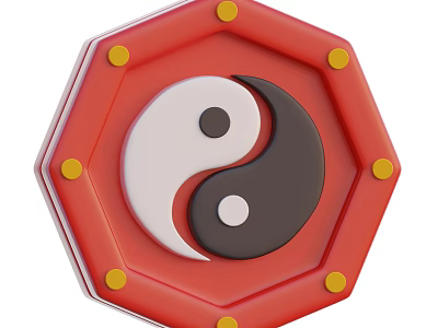 Red Octagonal Decorative Ornament Set With Yin Yang Symbol And Yellow Dots 3d model