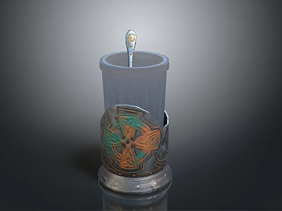 Daily Use Decorative Transparent Cup With Colorful Pattern Metal Base And Spoon 3d model