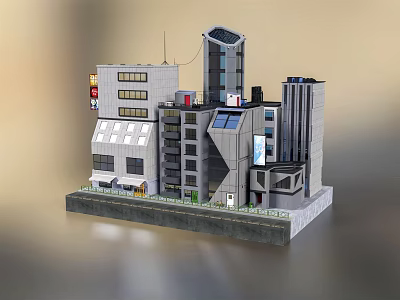 Architectural Model of Modern Buildings With Various Designs Windows And Billboards 3d model