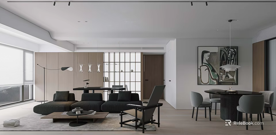 Modern Living And Dining Room Interior With Open Layout Sofa Dining Table And Artwork 3d model