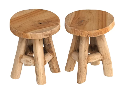 Two Natural Wooden Stools With Round Seat And Log Legs Design 3d model
