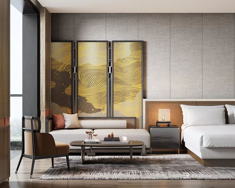 Modern Chinese Style Hotel Guest Room With Golden Mountain Pattern Screen Sofa And Coffee Table 3d model 