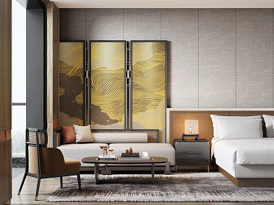 Modern Chinese Style Hotel Guest Room With Golden Mountain Pattern Screen Sofa And Coffee Table 3d model