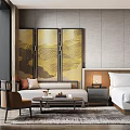 Modern Chinese Style Hotel Guest Room With Golden Mountain Pattern Screen Sofa And Coffee Table