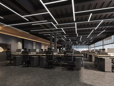 Public Office Space With Modern Ceiling Lighting Multiple Desks Computers Ergonomic Chairs And Large Windows 3d model