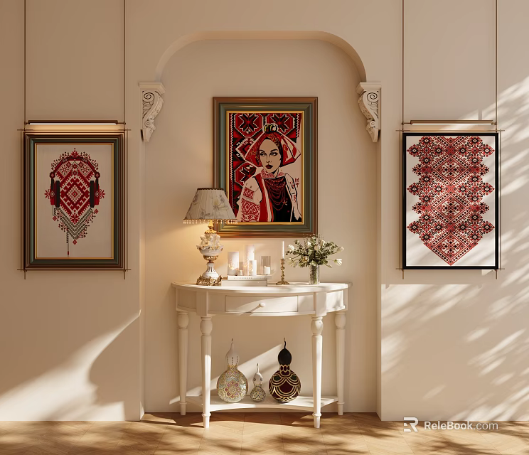 Traditional Framed Wall Decor with Central Portrait and Side Geometric Artworks in Elegant Room 3d model 
